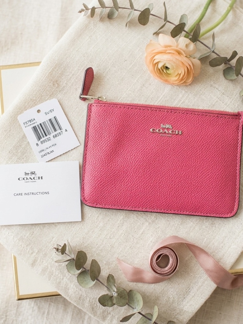 COACH Strawberry Pink Crossgrain Leather Pouch